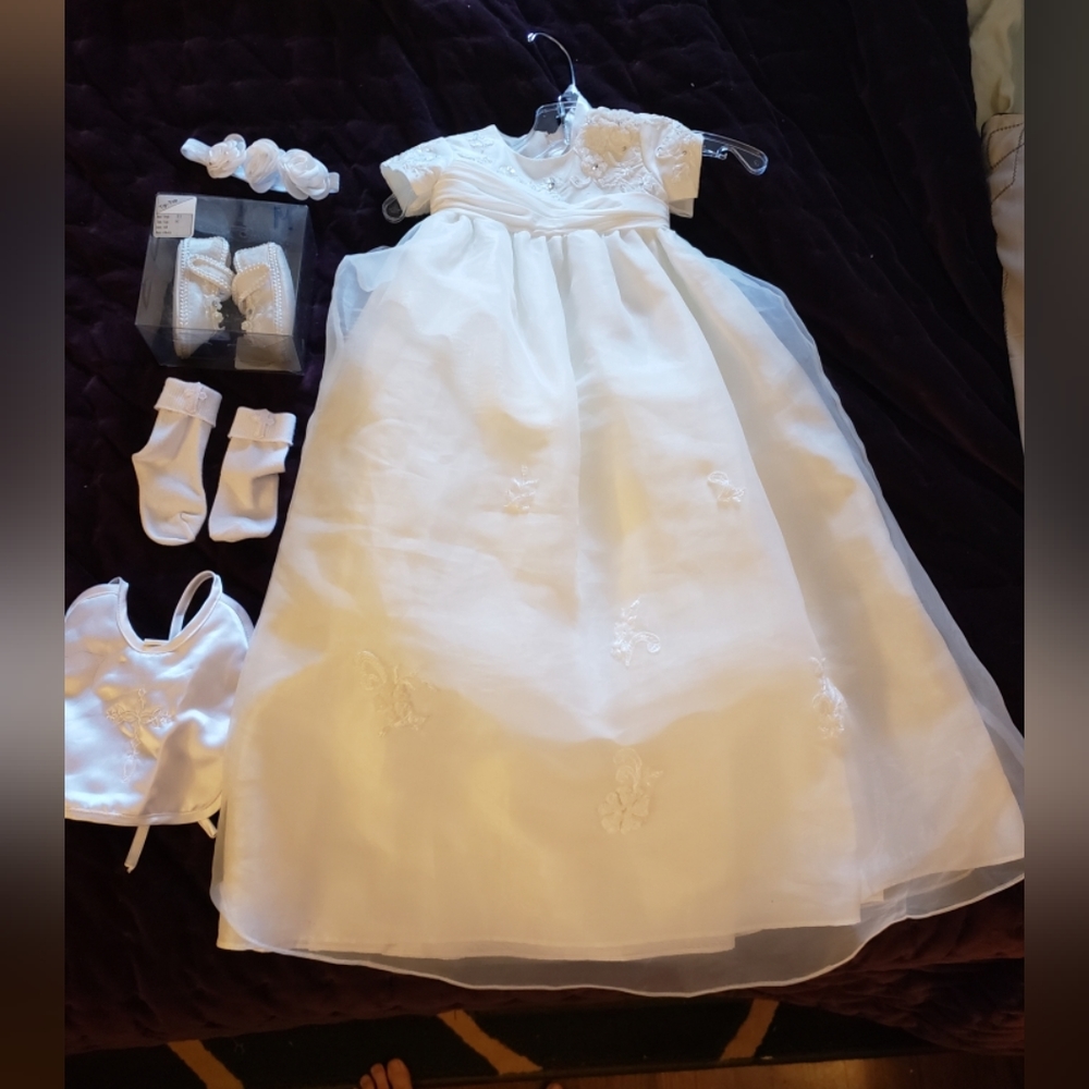 Baptismal Gown, Shoes, Bib, Headband, Sock Bundle - Size 6 months